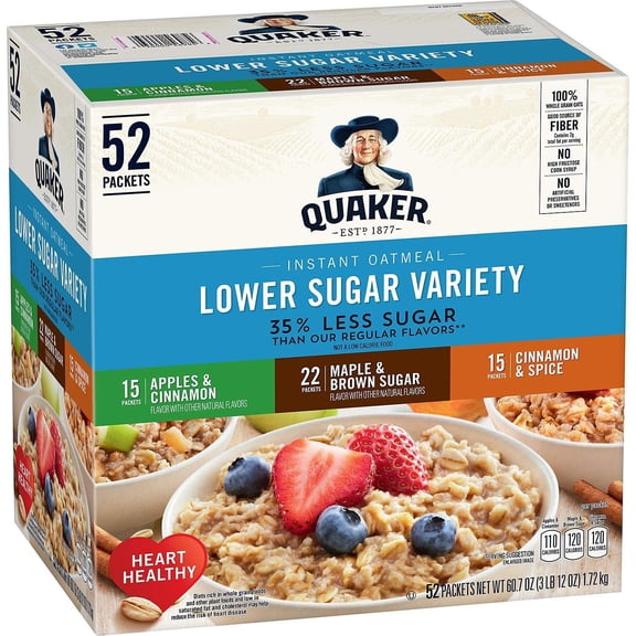Quaker Gruau Instantané à Teneur Réduite en Sucre, Assortiment 1,17 Oz, 52 Unités – 100 % Gruau à Grains Entiers, Pommes et Cannelle, Érable et Cassonade, Cannelle et Épice