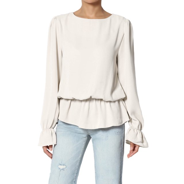 TheMogan Women's S~XL Puff Long Sleeve Shirred Drop Waist Chiffon Ruffle Peplum Blouse