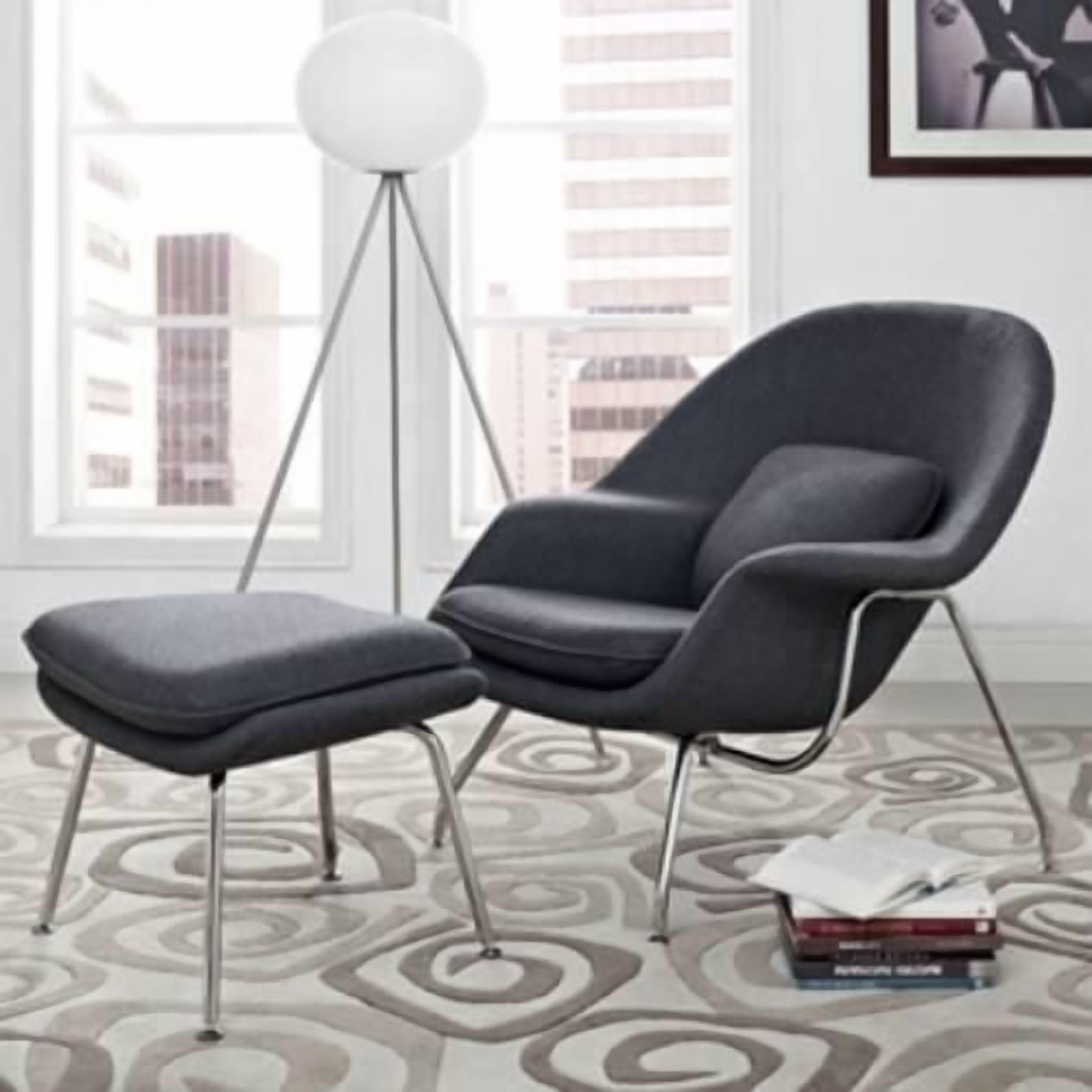 Plata Décor Import Inc. – Fauteuil rembourré Manny avec repose-pieds, gris, pour le salon ou la chambre à coucher – Siège d'appoint moderne et confortable