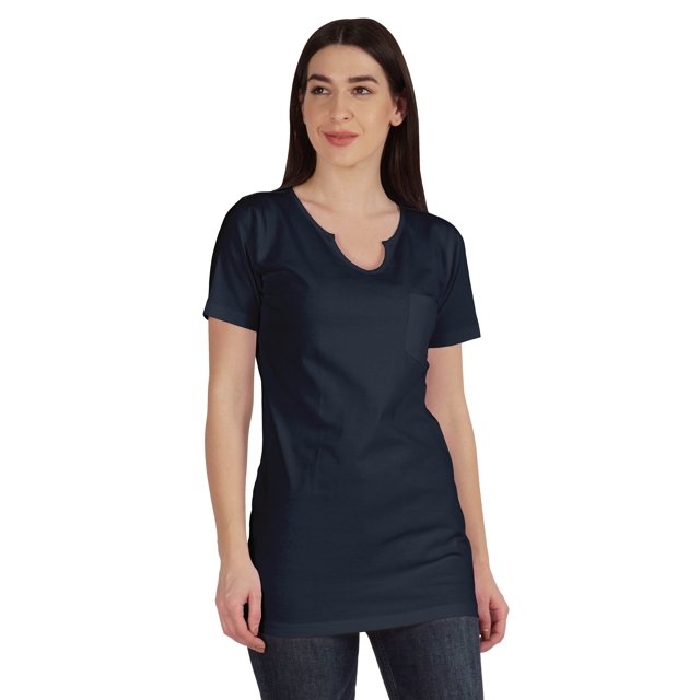Inkmeso Long Length Notch Neck Top For Women Basic Cotton Tee Shirt w/ Pocket Patch Legging Top