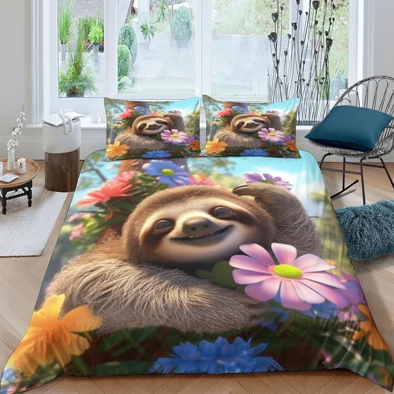 Sloth Housse de Couette Ensemble 3 Pcs et Ensemble de Taies d'Oreiller Literie Impression Numérique 3D Housses de Courtepointe Anti-Allergènes Literie Chambre Lit de Jour pour Enfants Ados Adultes Double