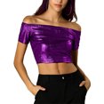 thumbnail image 1 of INSPIRE CHIC Women's Metallic Shiny Party Off Shoulder Crop Top, 1 of 6