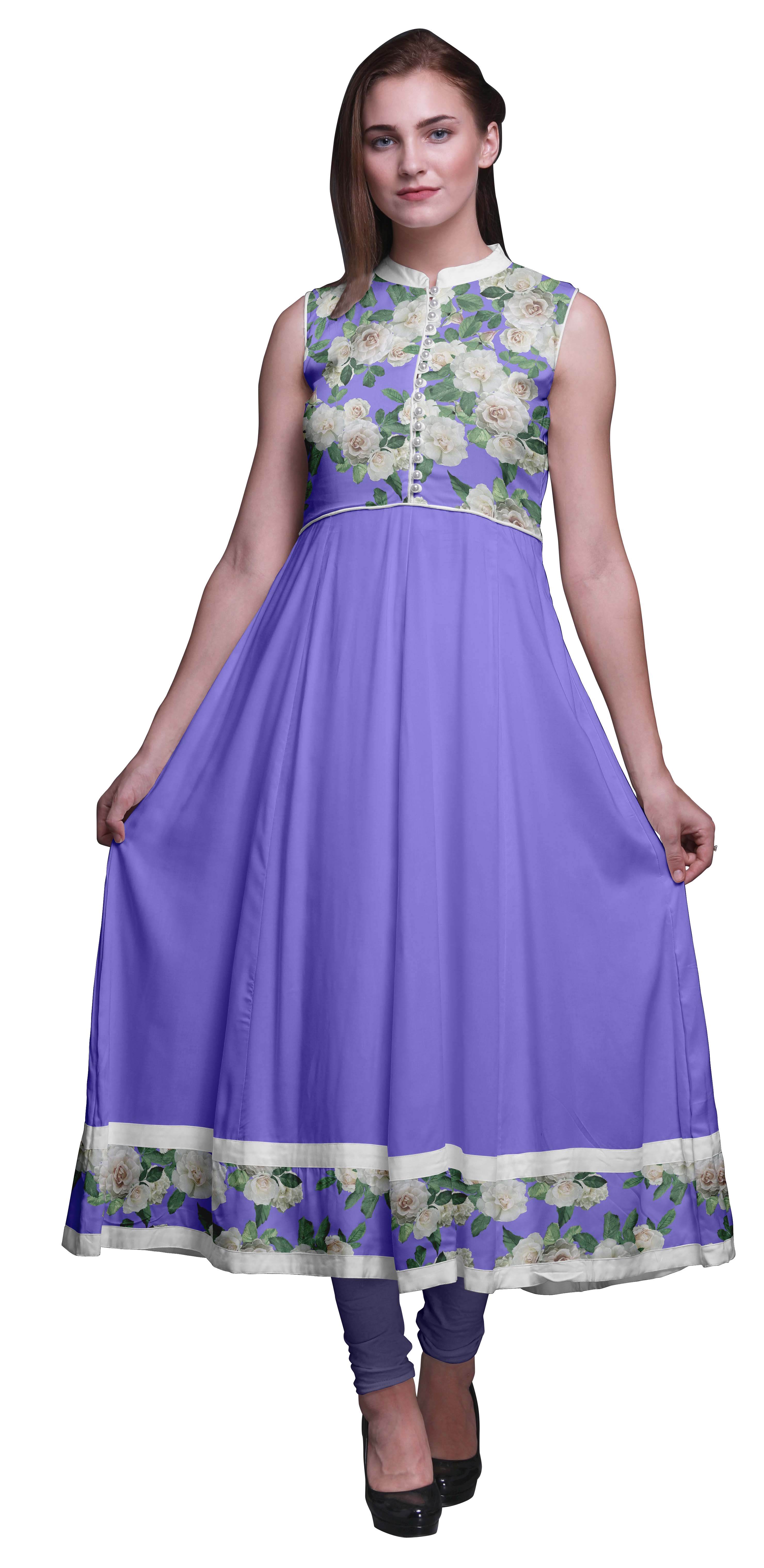 Bimba Robe Anarkali à Fleurs Violettes Moyennes pour Femmes, Kurti Imprimée Ethnique Indienne, Longue Kurta, Robe de Soirée, XX-Grand