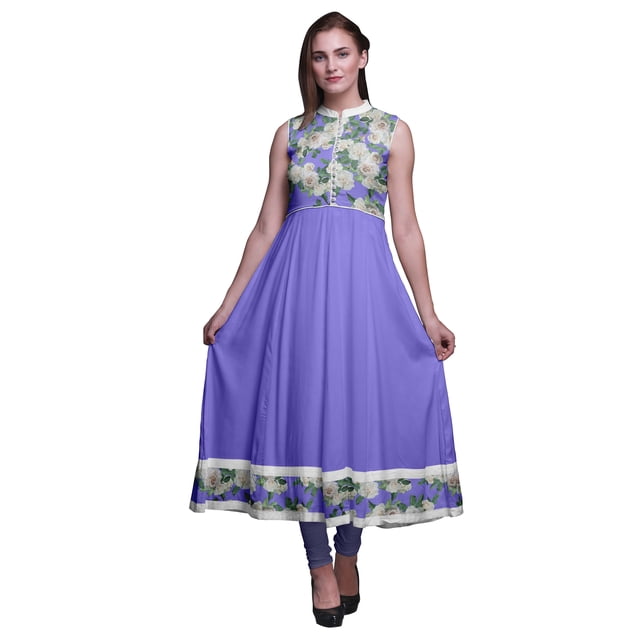 Bimba Robe Anarkali Fleur Violette Moyenne Col Mandarin Sans Manches Kurtis pour Femmes Imprimé Robe Maxi Petite
