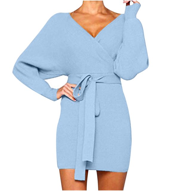 CEHVOM Robe à Manches Longues pour Femmes, Couleur Unie, Sexy, Lacets, Col en V