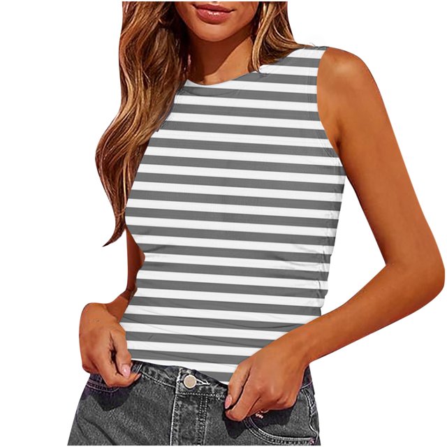 Dealovy Womens Tank Tops Summer Sleeveless Crew Neck Slim Fitted Striped Print Basic Tees Shirts