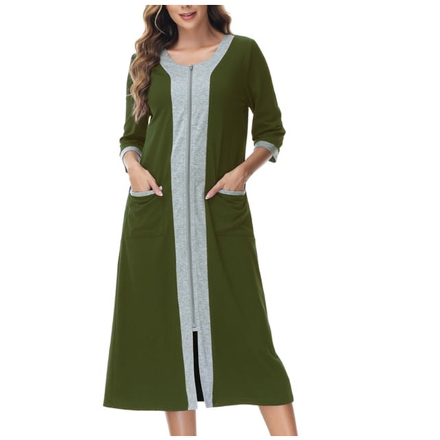 Timegard Nightgown for Women Zipper Robe 3/4 Sleeve House Dress Color Block Long Sleepwear with Pockets