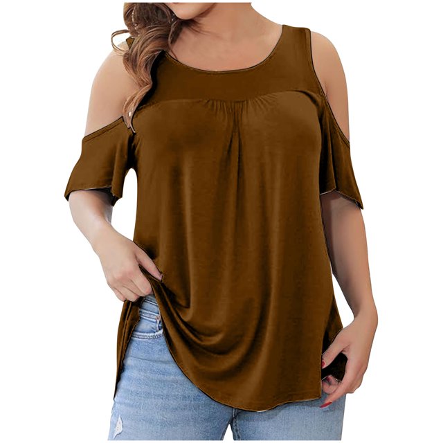 FAIWAD T-Shirts à Épaules Dénudées d'Été pour Femmes, Manches Courtes, Col Ras du Cou, T-Shirts Unis, Tunique Basique Décontractée