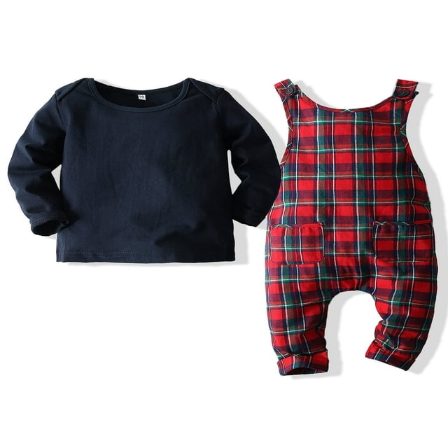 Boys‘ Fall Fashion Solid Color Tops and Plaid Suspender Pants Overalls
