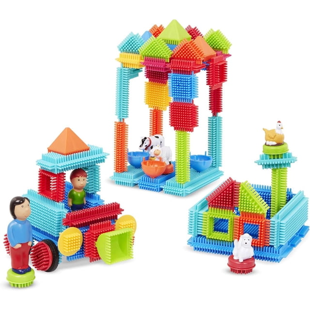 Battat Bristle Blocks Deluxe Builder Case 113 pieces with colorful interlocking plastic bristle blocks assembled into a house, a vehicle with two figurines, and a tower featuring animal figurines, suitable for creative building and imaginative play.