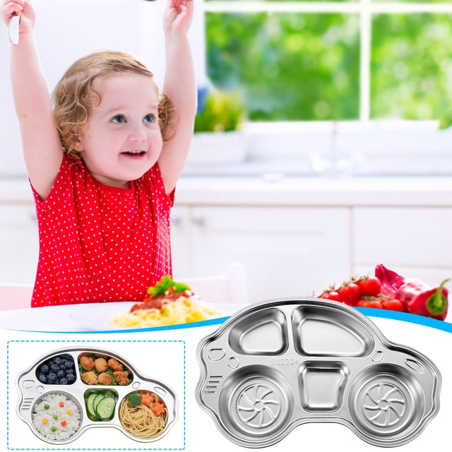 Liquidation! KITTEHIGM Assiettes pour Enfants en Acier Inoxydable, Plateau de Souper 3 Sections 304, Plateau de Contrôle du Régime, Mignon Plateau de Repas Divisé Offre Éclair Vente&Offre