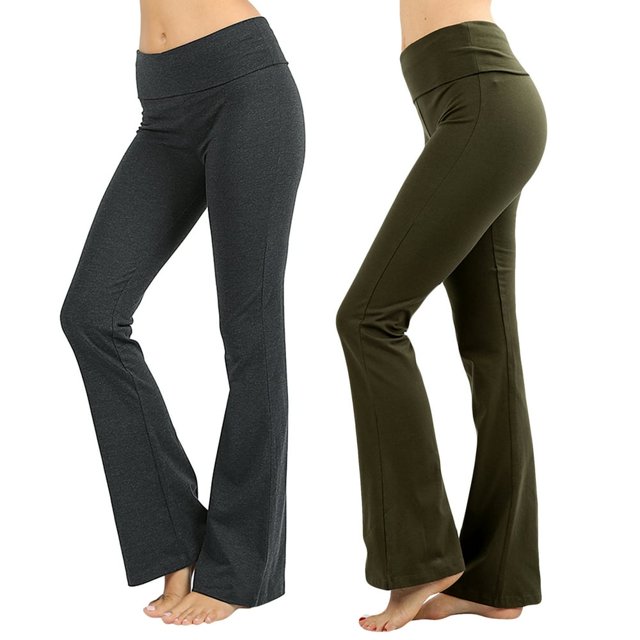 CHUANK Womens & Plus Stretch Cotton Fold-Over High Waist Bootcut Workout Flared Yoga Pants