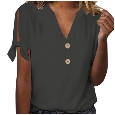 AherBiu Hauts pour Femmes Tendance à Boutons Col en V Ample Épaules Dénudées Manches Courtes avec Lien Décontracté T-Shirts Unis Hauts