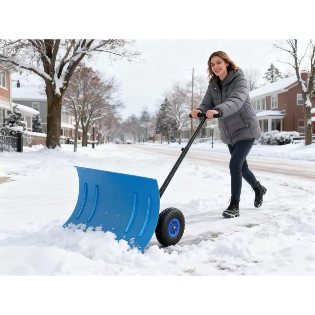 Garvee Pelle Pousse-Neige pour Entrée, Pelle à Neige Robuste, Lame Inclinée de 29 Pouces Déneigement Efficace en Métal, Manche à Hauteur Réglable à 5 Niveaux, Chasse-Neige pour Trottoir, Bleu