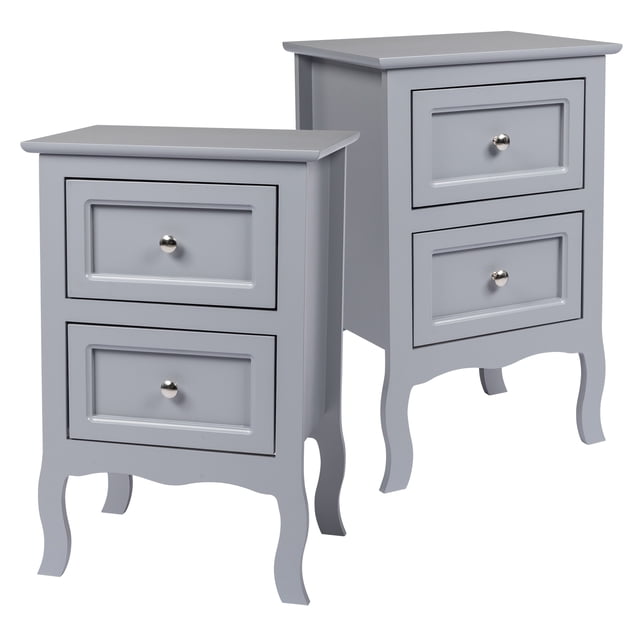 Ktaxon Nightstand, Bedside Table with 2 Storage Drawers, End Side for Bedroom, Country Style Set of 2,Gray