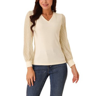INSPIRE CHIC Women's Blouses Dressy Casual V Neck Top Swiss Dot Long Sleeve Shirts Beige S