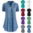 thumbnail image 3 of UPPADA Summer Plus Size Blouse for Women Short Sleeves V Neck Tops Solid Color Lace T Shirts Casual Button Tunic, 3 of 4
