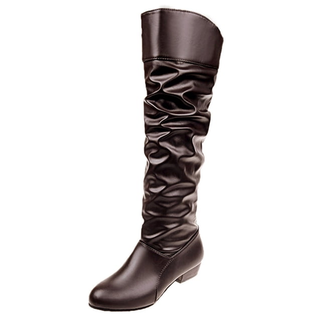 Babysbule Chaussures pour Femmes en Liquidation, Bottes Hautes à Enfiler pour Femmes à Talon Carré de Couleur Unie, Bottes Hauteur Genou à Bout Rond