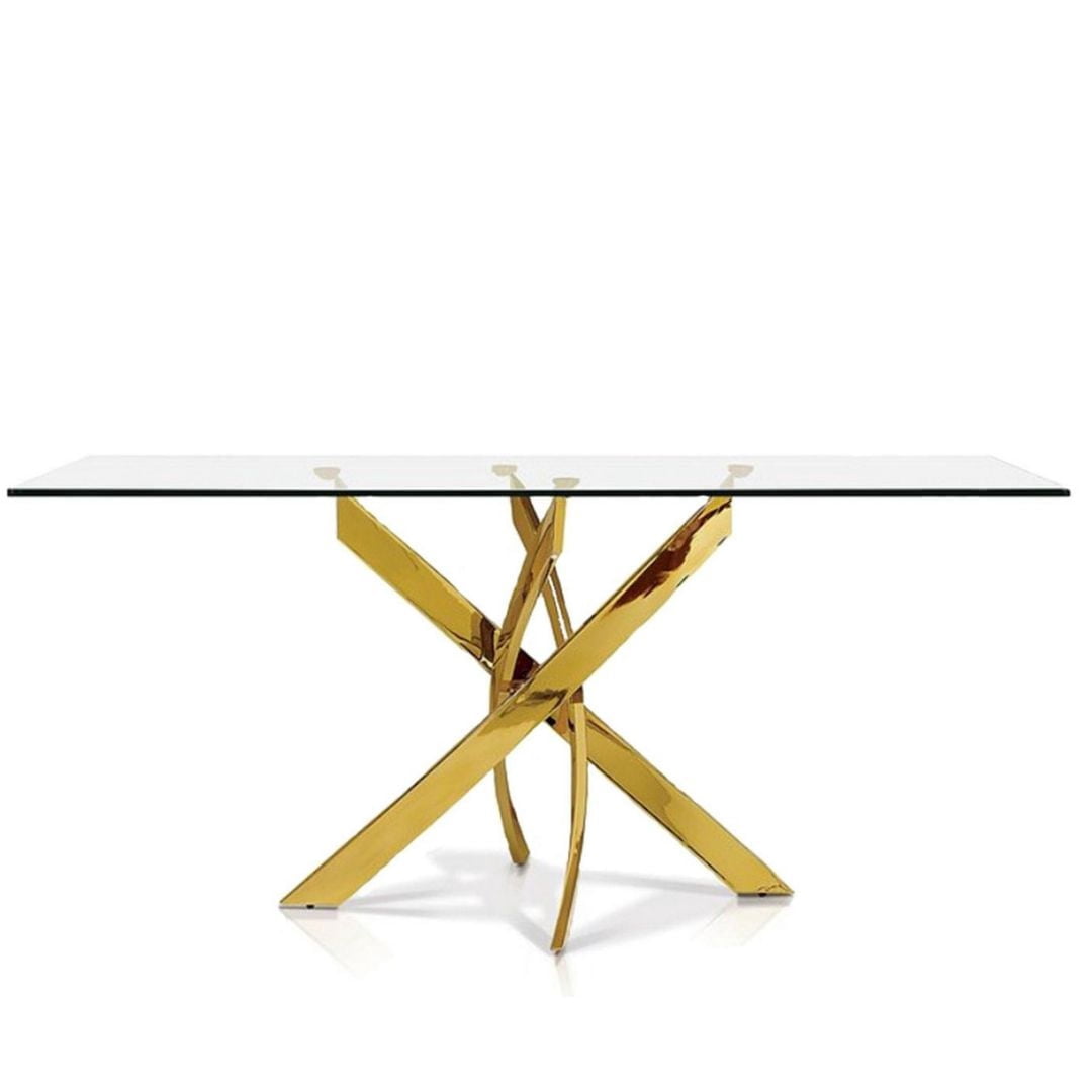 Corey Dining Table in Gold, Rectangle Dining Table, Glass Dining Table, Modern Rectangle Dining Table, Kitchen Dining Table with Tempered Glass, Rectangular Dining Table with Polished Stainless Steel