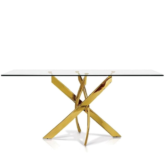 Table à manger Corey en or, Table à dîner rectangle, Table de repas en verre, Table moderne à manger rect angle, Table cuisine avec verre trempé, Table rectangulaire avec acier inoxydable poli