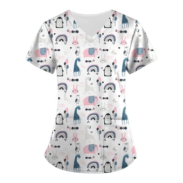 EGNMCR Tuniques Médicales pour Femmes Mode pour Femmes Manches Courtes Col en V Hauts Uniforme de Travail Imprimé avec Poche Blouse Hauts Cadeaux pour Femmes