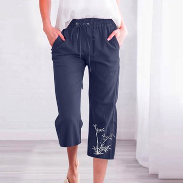 Meichang Capris pour Femmes pour l'Été Taille Élastique à Cordon Pantalon Grand en Coton et Lin Imprimé Tendance Coupe Ample Décontracté Pantalon Droit Léger Confortable Pantalon de Détente avec Poches