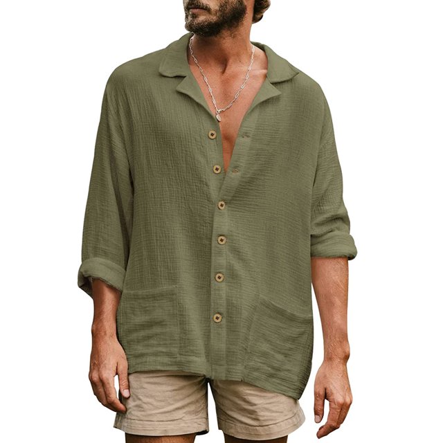Kmbangi Men Long Sleeve Shirts Solid Color Loose Casual Button down Tops with Pockets Spring Clothes for Beach Streetwear