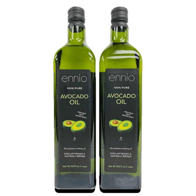 Ennio Huile d'Avocat 100 % Pure 1 L Bouteilles en Verre Vertes avec Étiquettes Noires Présentant des Moitiés d'Avocat, Mettant en Valeur un point de Fumée Élevé et une Pression d'Extracteur, Huile Naturellement Raffinée Idéale pour la Cuisson à Haute Température et un Usage Culinaire Polyvalent.