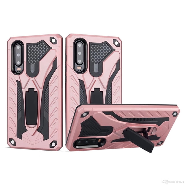 Huawei P30 Lite Armor Kickstand Hard Case in a rugged, military-grade design with dual-layer silicone and hard polycarbonate construction. The case features a pink and black color scheme, a built-in kickstand for media viewing, and textured surfaces for enhanced grip. Designed for shock and drop protection, it provides full access to all buttons and ports. Shown in multiple angles, including a view with the kickstand extended.