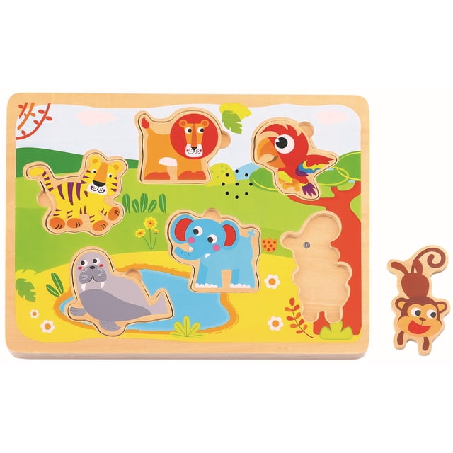 TOOKYLAND Animal Sounds Peg Puzzle, an interactive educational toy with 7 wooden animal pieces, including a tiger, lion, parrot, walrus, elephant, and monkey. The puzzle board features a vibrant nature-themed design and plays animal sounds when pieces are placed correctly. Made of durable wood with rounded edges and painted with child-safe, non-toxic paint. Suitable for toddlers aged 18 months and older.