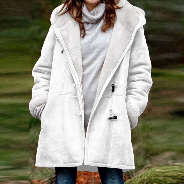 XZNGL Women Winter Plus Size Solid Plus Velvet Coat Long Sleeve Horn Buckle Pocket Overcoat Tops