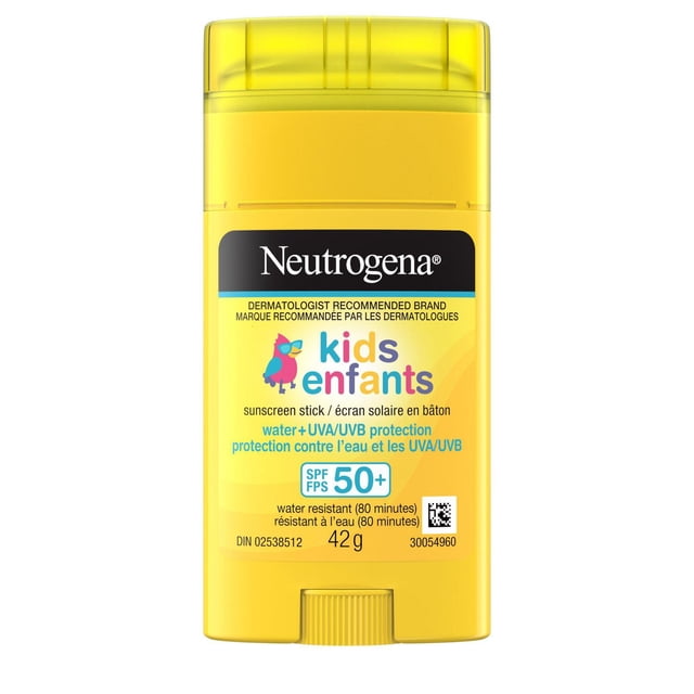 NTG Kids Sunscreen Stick 42g SPF 50+ in a yellow stick container with translucent cap, featuring Neutrogena branding and colorful kids text, offering water-resistant broad spectrum UVA/UVB protection with a non-greasy formula ideal for sensitive skin and outdoor activities.