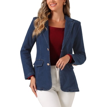 INSPIRE CHIC Blazer en Denim pour Femme, Revers Cranté, Simple Boutonnage, Épaulettes, Vestes de Travail, L Bleu Foncé