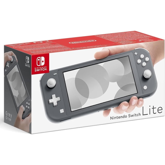 Nintendo Switch Lite Console - Gris (Version Japonaise) Montré dans Son Emballage de Vente au Détail. la Boîte Met l'Accent sur le design compact et Léger de Cet Appareil de Jeu Portatif, Idéal pour le Jeu portable. Présente des Commandes Intégrées, une Finition Grise Élégante, et Comprend un Adaptateur d'Alimentation compatible Nord-Américain. Classé comme Console de Jeu Rétro.