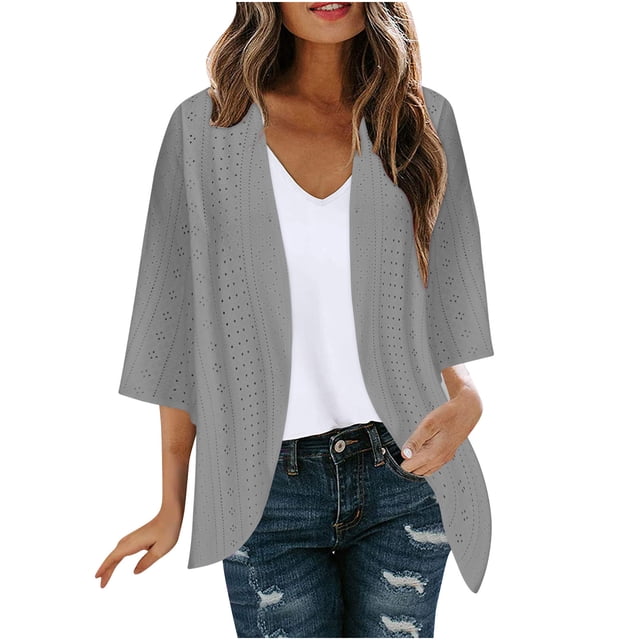yoeyez Light Cardigans for Women Summer Womens Plus Size Solid Color Kimono Cardigan Puff Sleeve Tops Oversize Loose Cover Ups Cardigans Gray,M