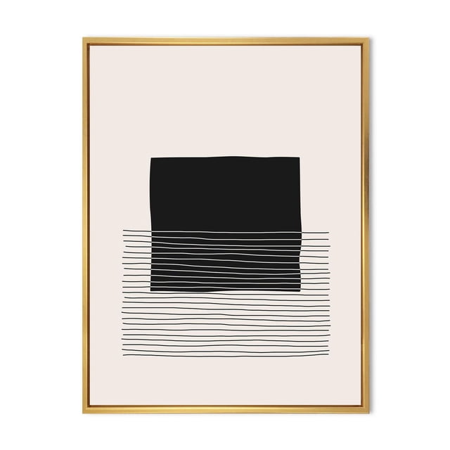 Designart Lignes et Carrés Géométriques Minimalistes VIII Cadre Flottant ART Mural avec un Carré Noir Centré au-Dessus de Fines Lignes Horizontales Noires sur Toile de Coton beige Pâle de Qualité Supérieure, Enveloppé et Étiré sur un sous-Cadre en Bois de 1 Po dans un Cadre Flottant en Bois Naturel, Prêt à Accrocher dans la Déco Maison Moderne.