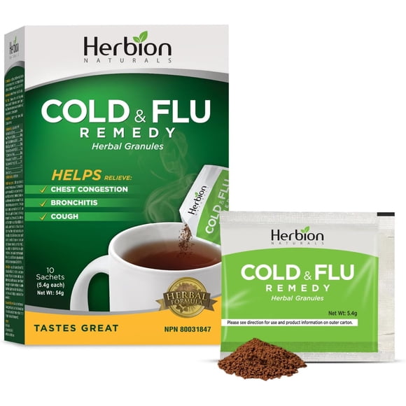 Herbion Naturals Cold & Flu Remedy Herbal Granules, 10 count sachets - Helps Relieve Cough, Chest Congestion