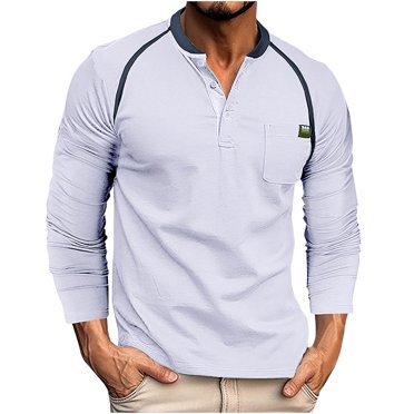 EQWLJWE Summer Saving Clearance ! Men's Contrast Color Top Loose Long Sleeve Standing Neck Button Pocket Casual Sports T-shirt Top Blouse Autumn Long Sleeve Top for Man