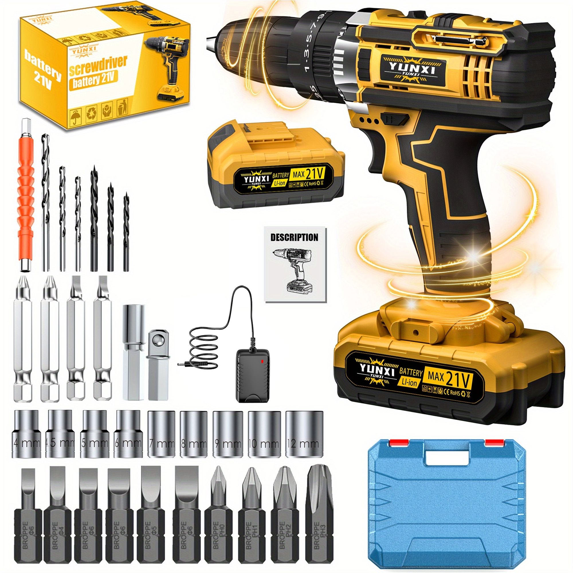 DGB Cordless Drill Driver, Electric Power Drill, Handheld Screwdriver Drill for Drilling, Fastening, Home Repairs, Ideal for DIY Projects and Professional Use