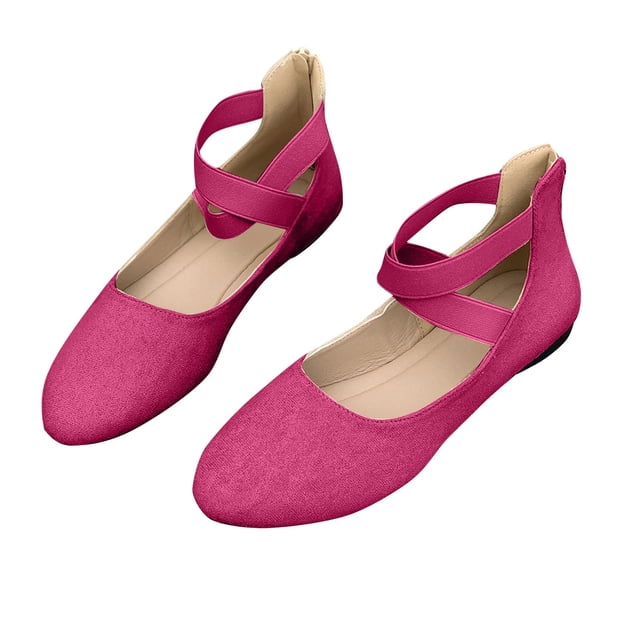 Ladys Single Shoes Suede Surface Elastic Ankle Strap Soft Sole Pointy Toe Flats Bottom Ballet Rear Ankle Zipper Shoes New Large Size Shallow Mouth Elastic Flat Shoes Hot Pink
