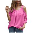 thumbnail image 2 of Wiyuqeen Women's Lace Patchwork Cold Shoulder Blouses Solid Color U-neck Tunic Tops Ladies Basic Pleated Flowy Summer Tops, 2 of 5
