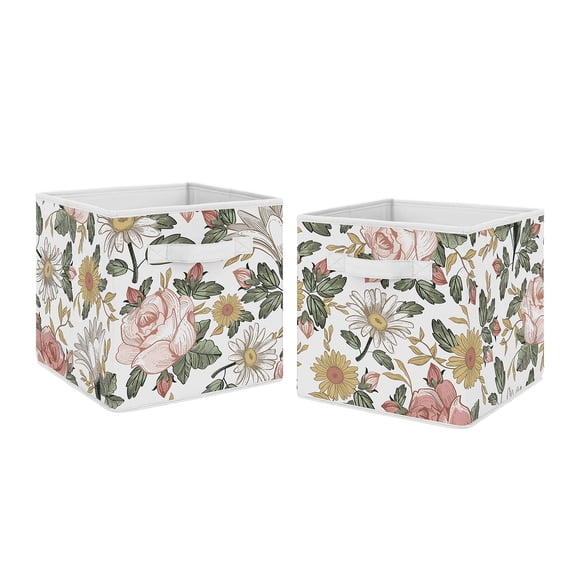 Sweet Jojo Designs Cube de Rangement Pliable en Tissu Vintage Floral Boho Boîtes Organisateur Jouets Enfants Bébé - Ensemble de 2 - Rose Blush Jaune Vert et Blanc Shabby Chic Fleur de Rose Ferme