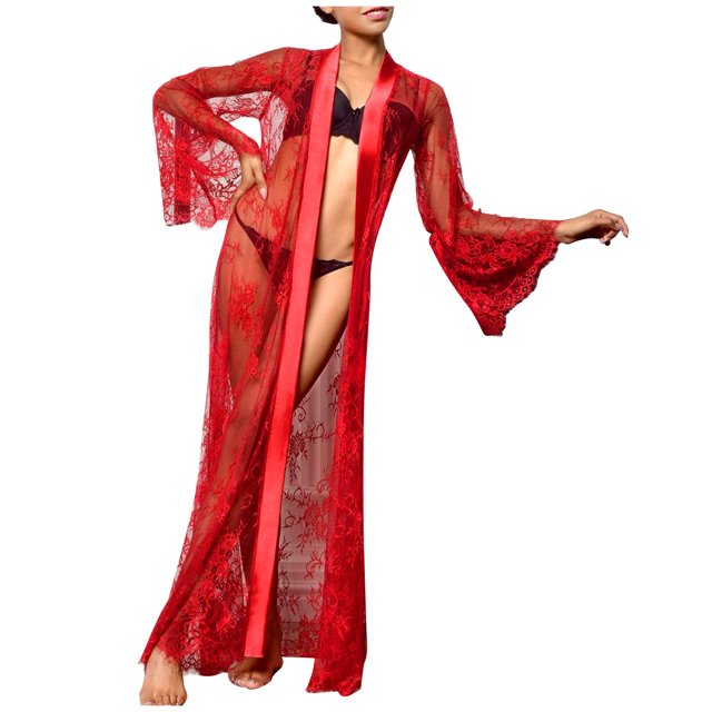 Long Sheer Boudoir Wedding Kimono Floor Length Lace Bridal Bath Robe Lingerie