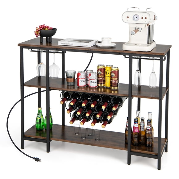 Costway Wine Cabinet Bar Table Wine Rack Table for Drinks Glasses with Power Outlets Brown