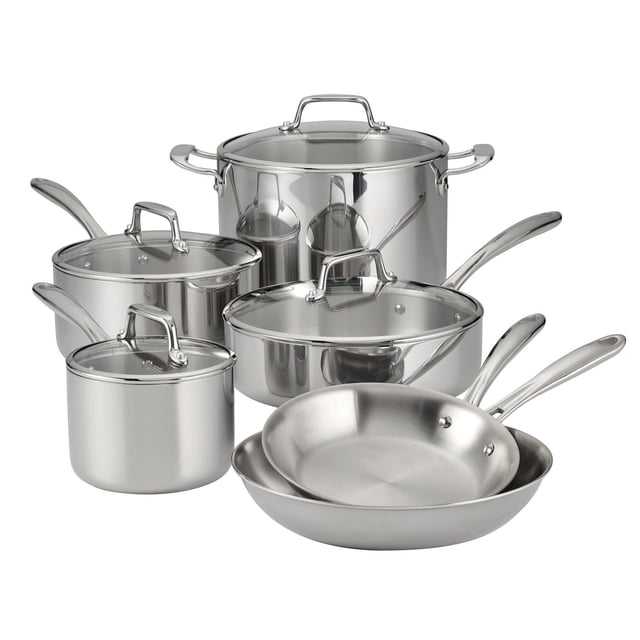 Tramontina Tri-Ply Clad 10 Pc Stainless Steel Cookware Set with Glass Lids featuring two fry pans, a stock pot, sauté pan, and two saucepans with lids, all with tri-ply construction for even heat distribution, magnetic stainless steel exterior compatible with induction cooktops, and oven safe to 350F.