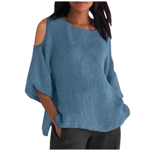 Liquidation! Hauts Grande Taille pour Femmes, Blouse à Manches Courtes d'Été pour Femmes, Mode Féminine Manches Courtes Col Rond Ample Épaules Dénudées Blouse