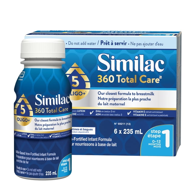 SIMILAC 360 Total Care Step 1 Ready-To-Feed 6x235mL Bottles with blue and white packaging and gold accents, designed for infants 0-12 months, milk-based infant formula enriched with lutein, DHA, and vitamin E, closest to breast milk, no water needed.