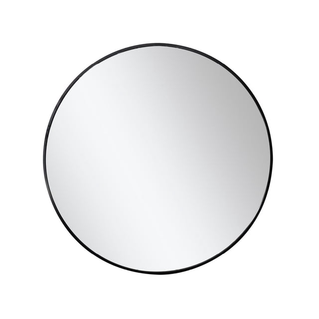 Rond mirror with aluminum frame 35.5 inch (90.17 cm) featuring a circular shape with a slim black aluminum frame, wall mounted with included bracket, ideal for modern home décor in bathrooms, bedrooms, or entryways, also suitable as a decorative accent mirror.