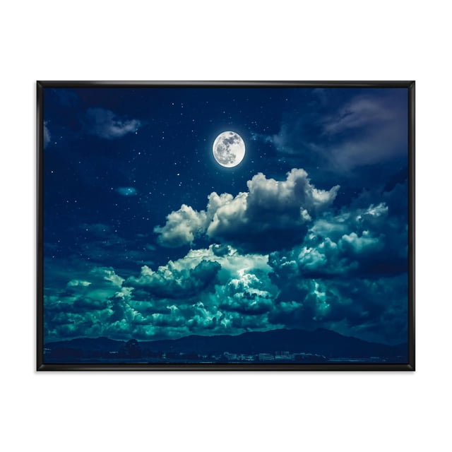 Designart Pleine Lune dans un Ciel Nocturne Nuageux II Cadre Flottant ART Mural Représentant une Pleine Lune Centrée au-Dessus de Nuages Illuminés dans un Ciel Nocturne Bleu Profond avec des Étoiles, Imprimé sur Toile de Coton de Qualité Supérieure Tendue sur un sous-Cadre en Bois de 1 Po avec un Cadre Flottant Noir, Prêt à Accrocher et Idéal pour la Déco Nautique et Côtière de la Maison.