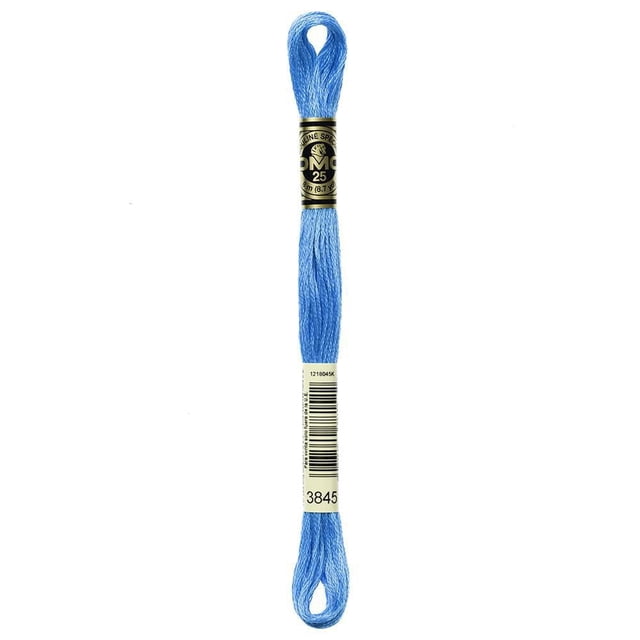 DMC Blue Cotton 6 Strand Floss 8m skein of 100% long staple Egyptian cotton embroidery floss in blue, double mercerized for sheen, with black and white labels showing brand and color 3845, ideal for cross-stitch, needlepoint, and scrapbooking projects.